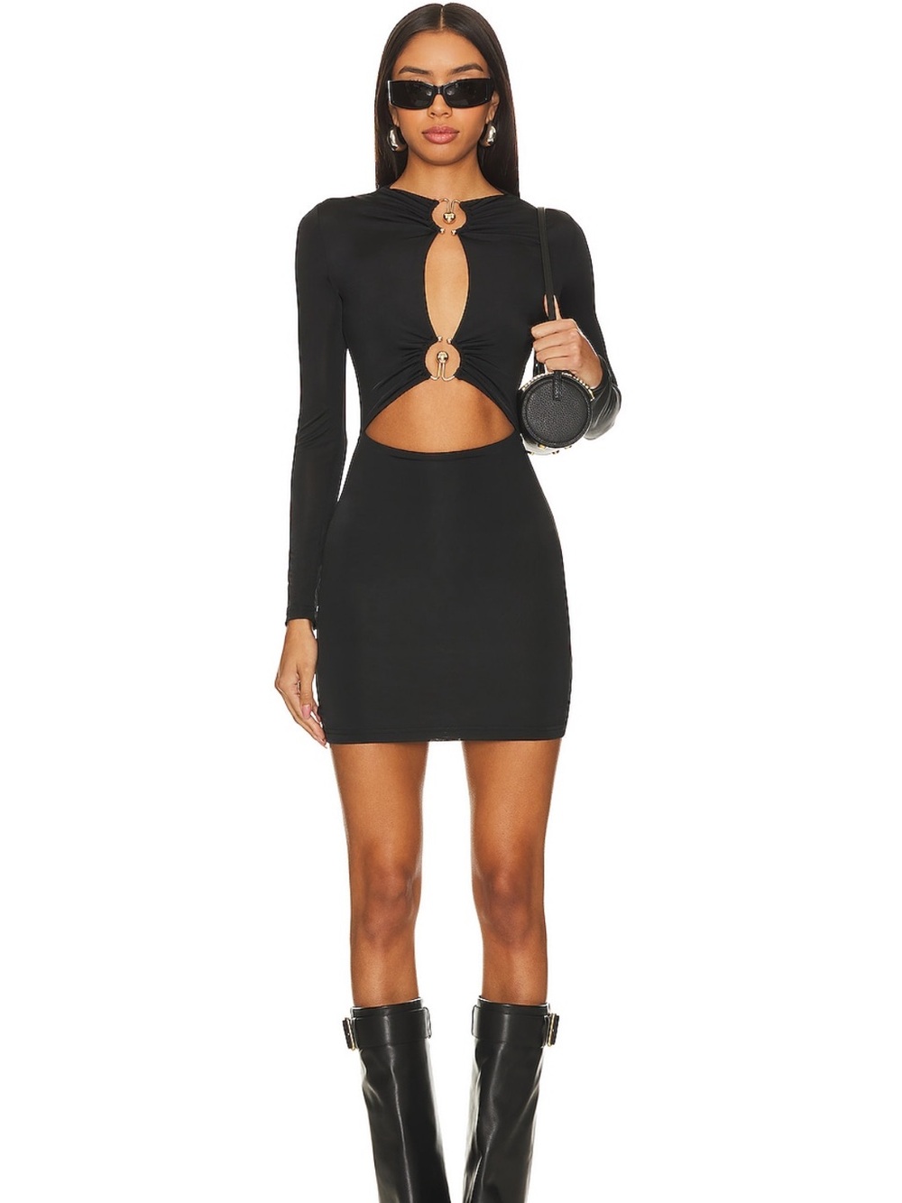 superdown Black Long-Sleeve Mini Dress with Front Cutouts